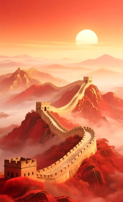 中国长城云海夕阳图 赤红霞光映照山峦壁纸