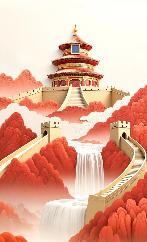 天坛长城云海瀑布中国风插画