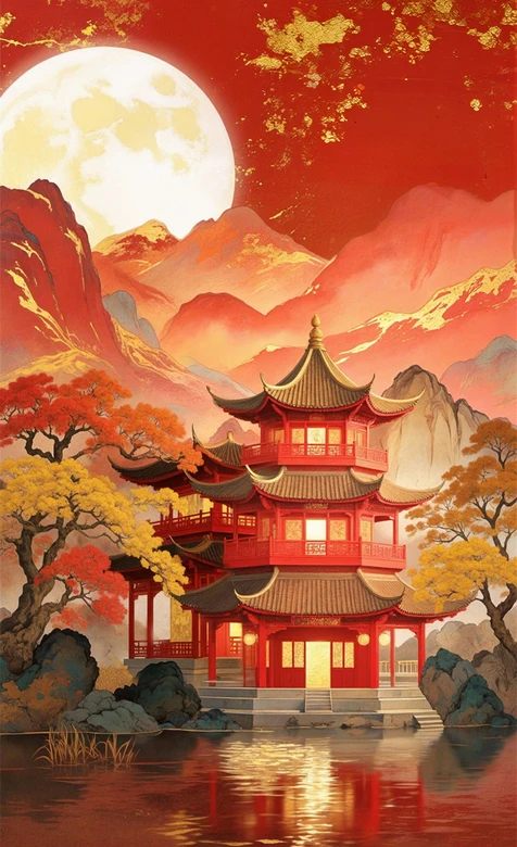 中国风红阁映月山水秋夜图