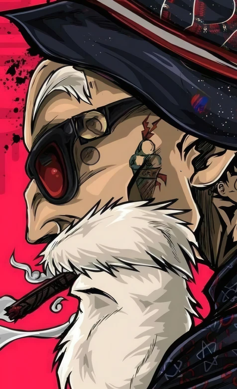 赛博朋克白胡子龟仙人墨镜雪茄老者涂鸦插画