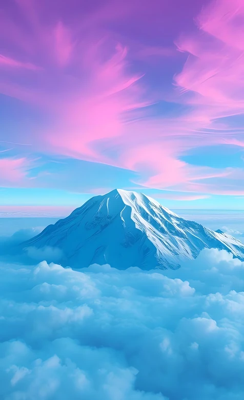 巍峨雪山云海之巅粉紫霞光映照仙境风光