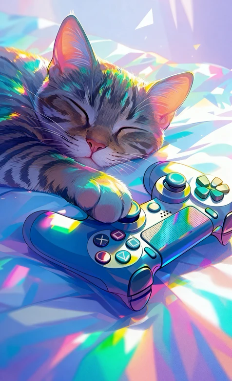 彩虹光影梦幻场景 熟睡小猫爪搭游戏手柄