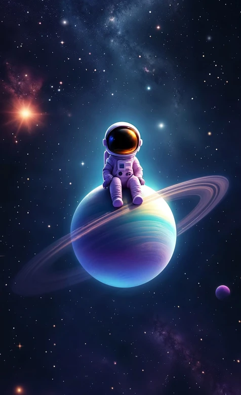 宇航员坐光环行星仰望璀璨星空唯美宇宙插画