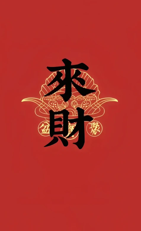 中国风传统来财聚宝图案 红色底金色纹饰吉祥挂画