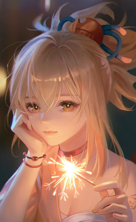 金发少女手持烟花夜景唯美插画