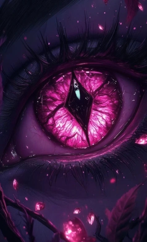 奇幻菱形瞳孔眼暗紫发光妖异花瓣插画（-疑似AIGC修改）