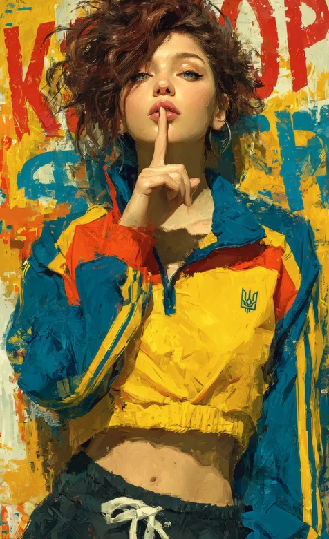 卷发女性穿蓝黄红撞色运动外套涂鸦背景插画-疑似AIGC修改