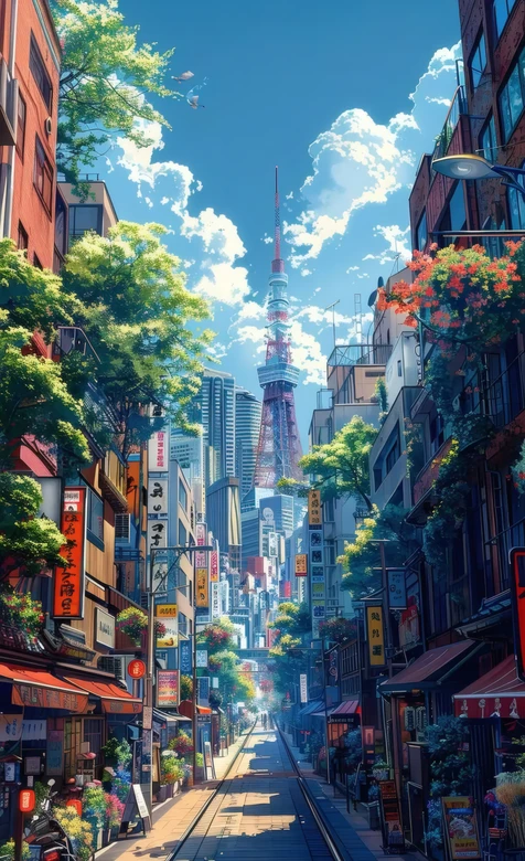 东京铁塔下日式街道 行人与绿植映晴朗蓝天