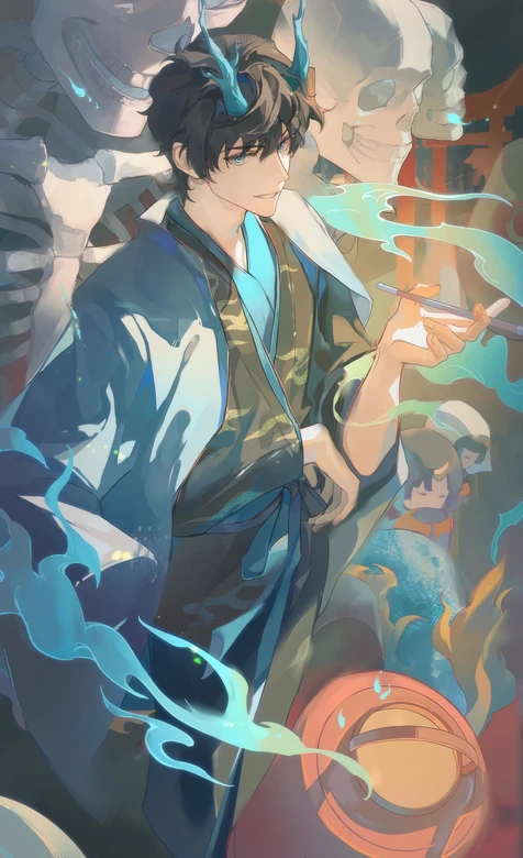 青角妖男执墨笔古风插画 蓝烟骸骨和服背景