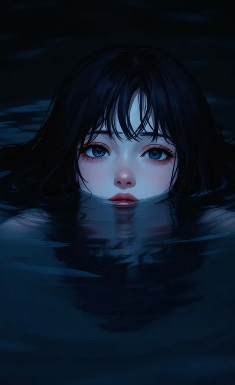 水中黑发女孩静谧水面肖像