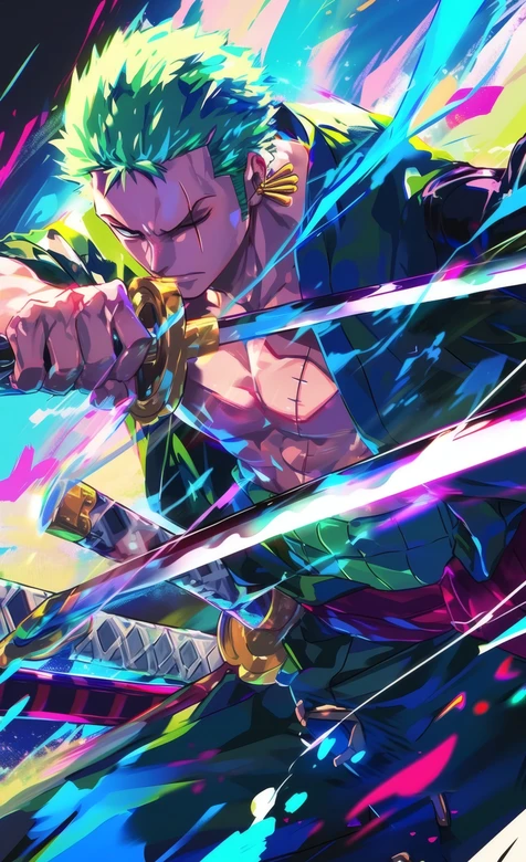 海贼王索隆三刀流战斗插画-疑似AIGC修改