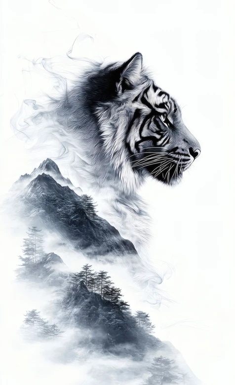 水墨猛虎侧首图 山峦云雾意境壁纸
