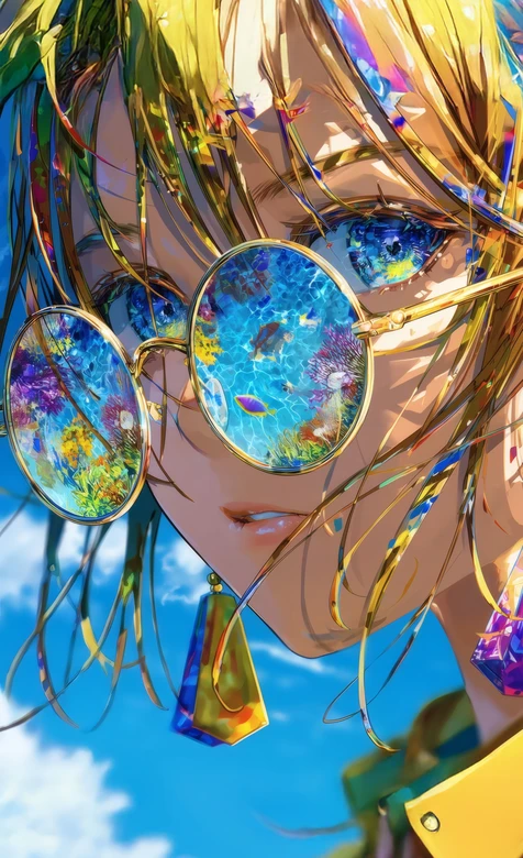 金发彩镜少女 蓝天背景动漫插画