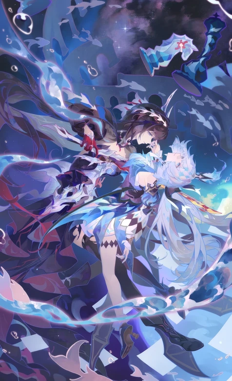 星空下相拥的双生少女 奇幻蓝调二次元插画