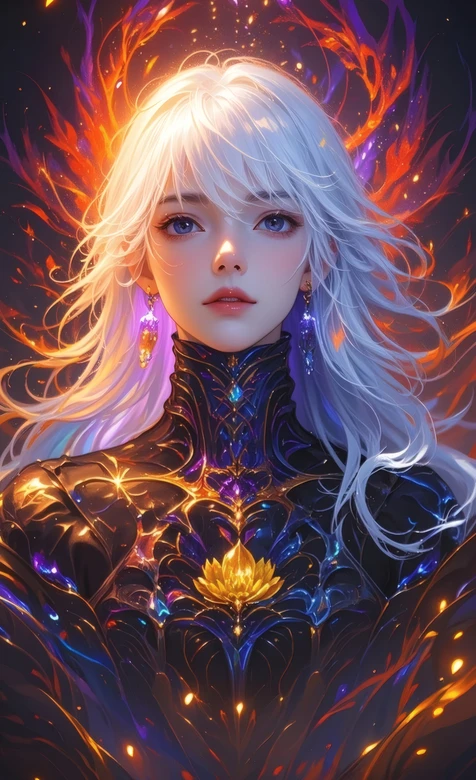 白发蓝眼神女鎏金战甲流光羽翼奇幻插画-AIGC