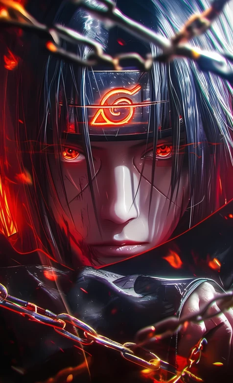 火影忍者宇智波鼬写轮眼锁链火焰暗黑插画（-疑似AIGC修改）