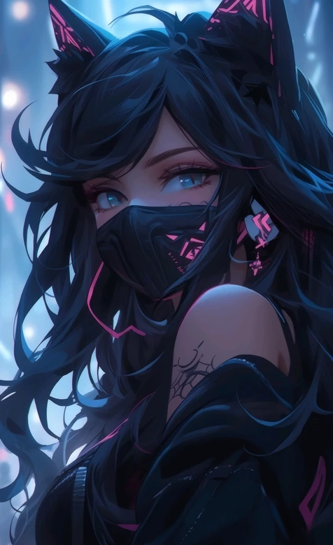 赛博朋克猫耳霓虹口罩少女（-疑似AIGC修改）