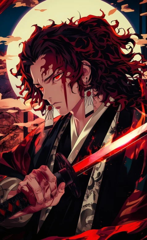 鬼灭之刃黑死牟月下持刀战斗插画