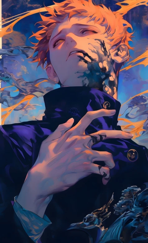 橙发咒纹少年异色瞳奇幻插画（-疑似AIGC修改）