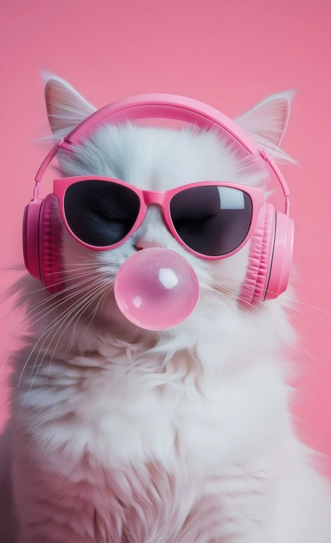 潮流白猫戴粉色耳机墨镜吹泡泡糖-疑似AIGC修改
