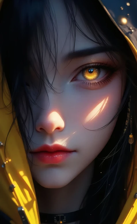 黄兜帽黑发金瞳少女逆光肖像（-疑似AIGC修改）