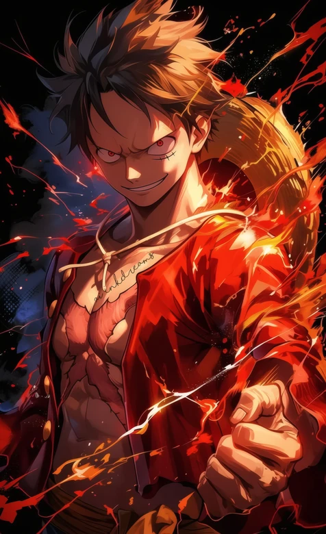 海贼王 路飞四档 红色外套火焰特效热血动漫插画