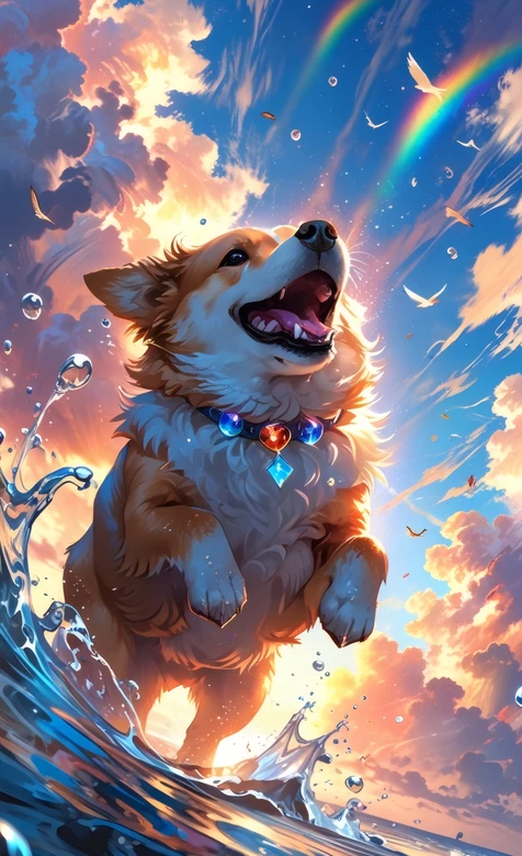 柯基犬水中跳跃 彩虹霞光背景插画-疑似AIGC创作