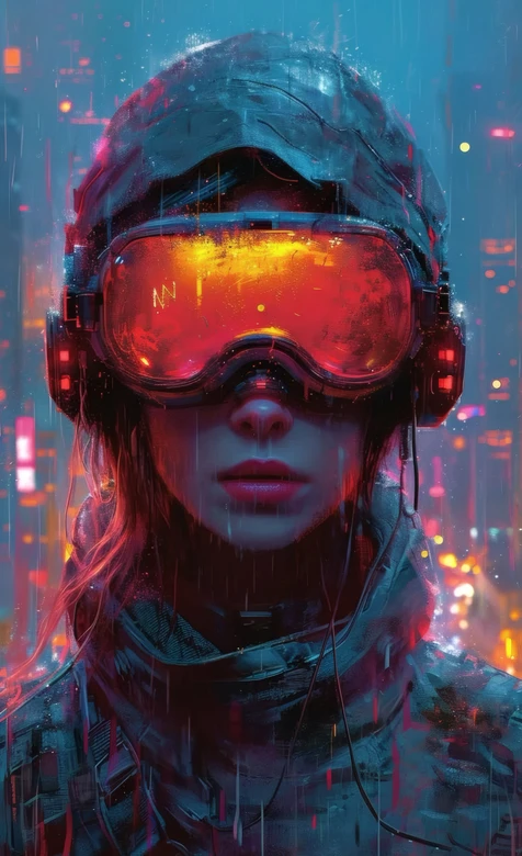 赛博朋克雨夜红护目镜战士霓虹都市赛博风高清