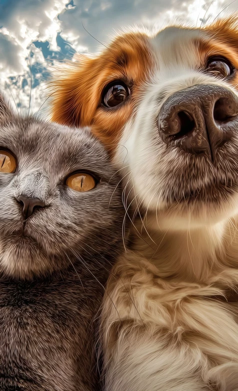 灰猫与棕白犬亲密依偎仰望天空