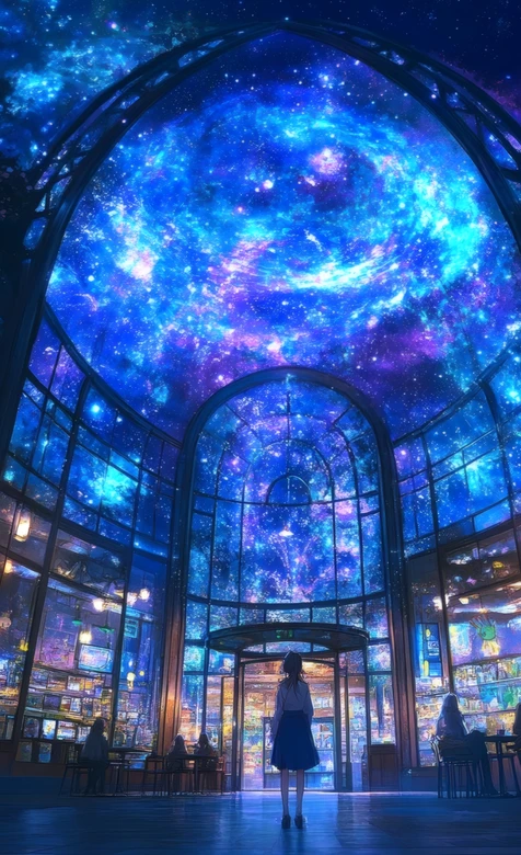 女孩仰望星空穹顶咖啡馆场景