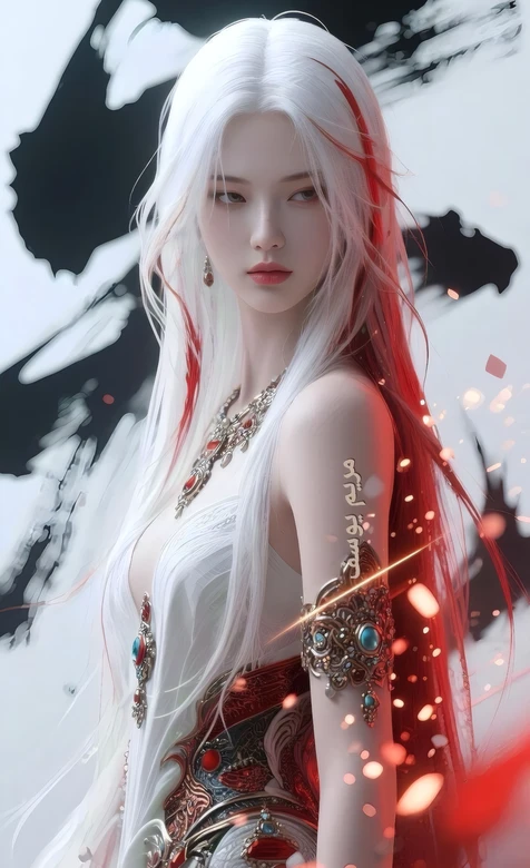 白发红挑染古风华丽服饰少女-疑似AIGC创作