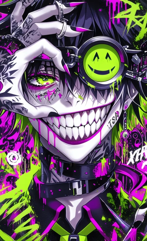 暗黑动漫风笑脸角色绿色护目镜纹身设计-疑似AIGC创作