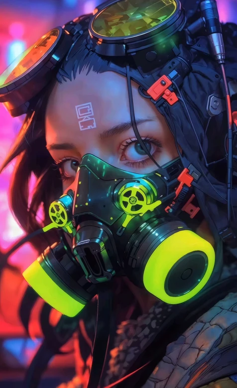 赛博朋克风格霓虹灯下戴护目镜防毒面具女性角色