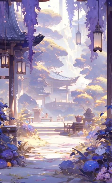 古风紫藤庭院灯笼亭台远山人物场景图