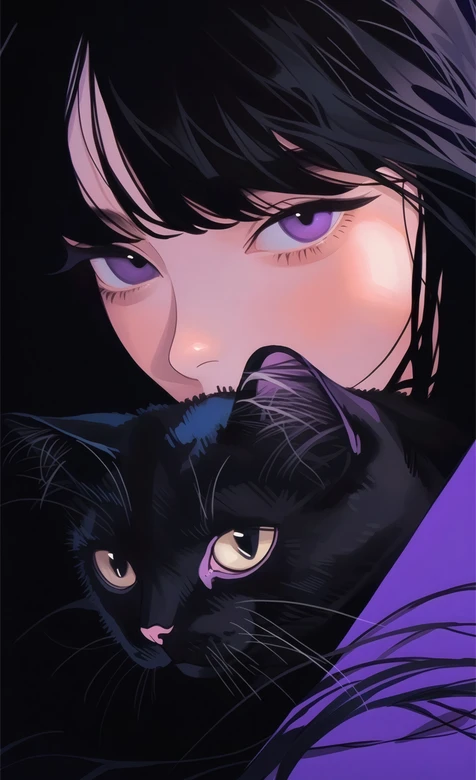 黑发紫瞳少女怀抱黑猫唯美插画
