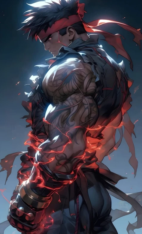 街头霸王隆暗黑风格肌肉纹身红色能量特效图