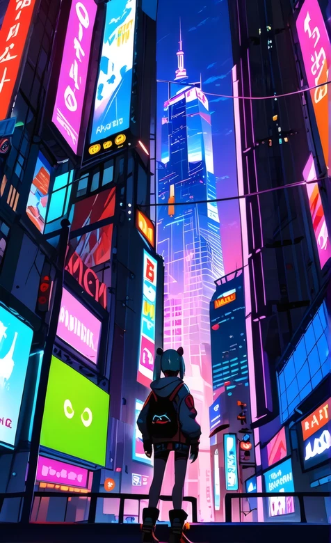 赛博朋克城市霓虹灯下背背包角色高清无水印