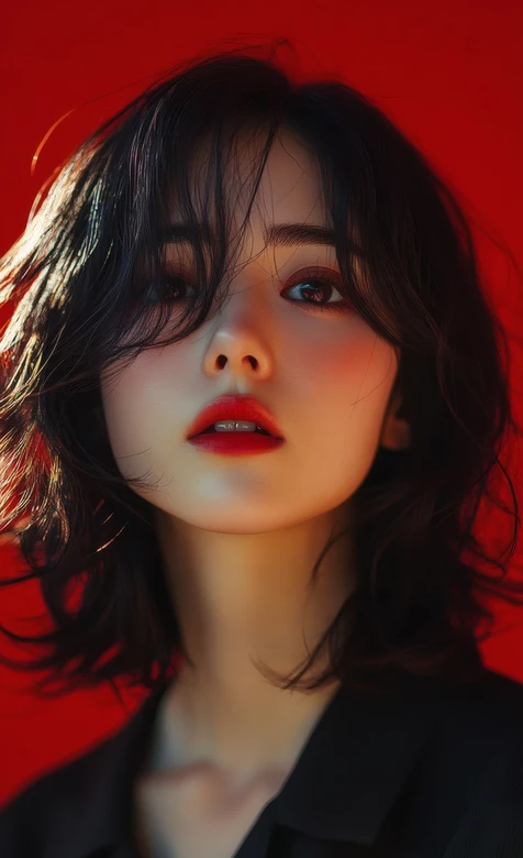 黑发红唇女性侧脸人像特写