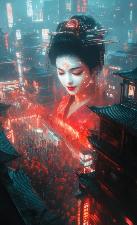 赛博朋克古风女性 中式霓虹城夜景 高饱和人物特写