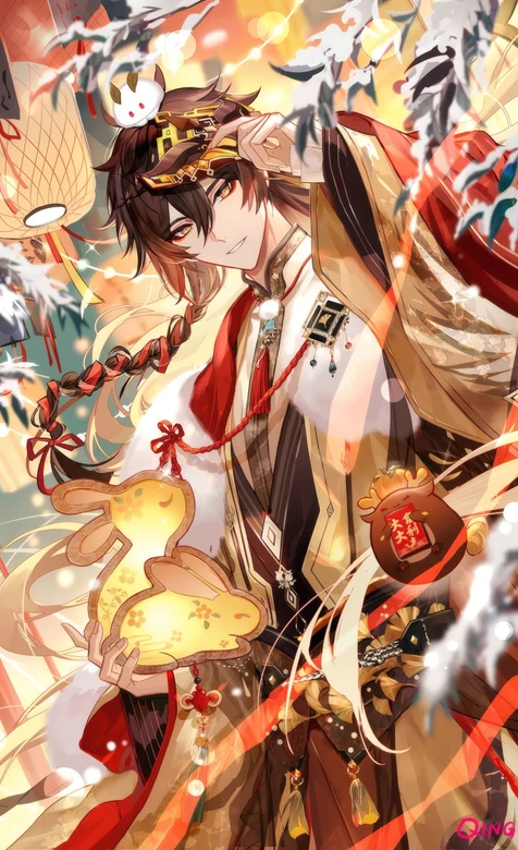 古风男子持发光兔灯贺岁 春节灯笼飘带唯美场景高清