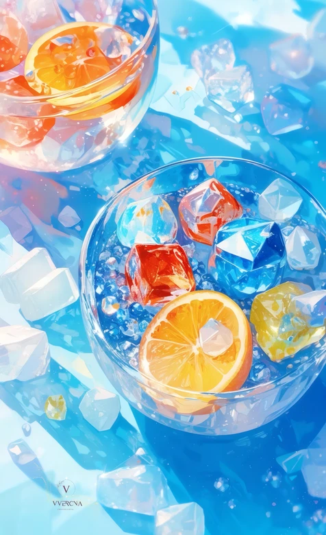 夏日冰饮橙子片透明冰块清凉静物夏日清凉背景