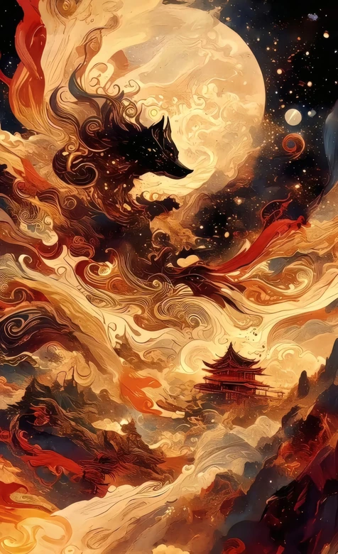 国风玄幻狼灵腾云伴月古楼意境高清素材