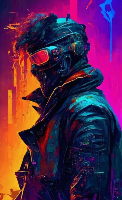 赛博朋克机械头盔角色 霓虹光影科幻人物