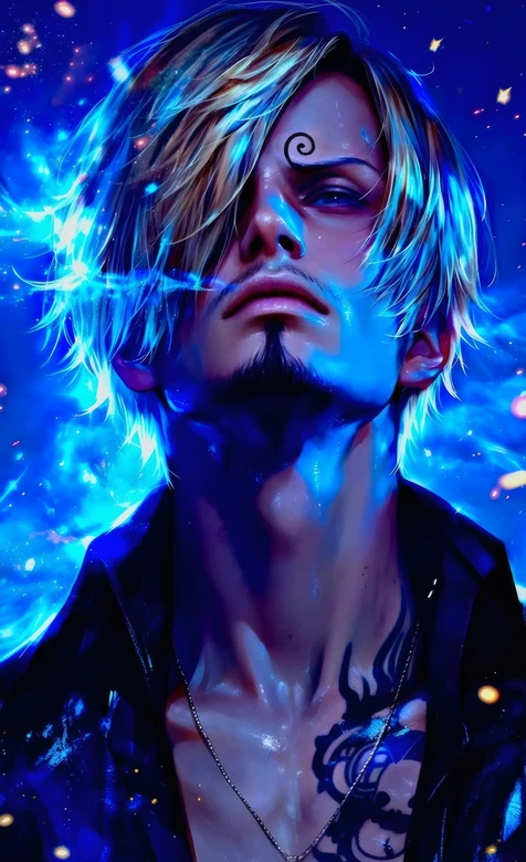 这是《海贼王》中的角色山治（香吉士） 龙纹身 蓝色星芒背景 高清炫酷动漫角色