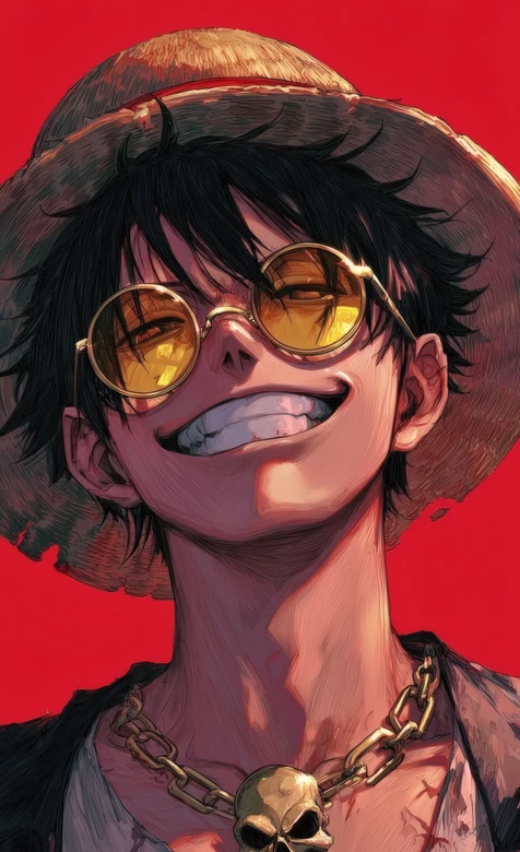 海贼王路飞AI绘草帽骷髅链红底酷炫壁纸