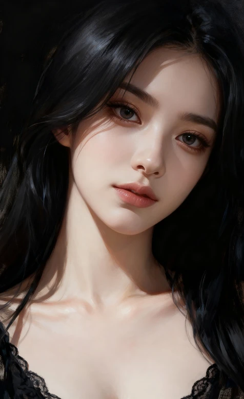 AI生成黑发精致美女 黑色蕾丝柔美风格壁纸
