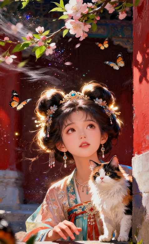 AI古风汉服少女红墙樱花蝴蝶三花猫壁纸
