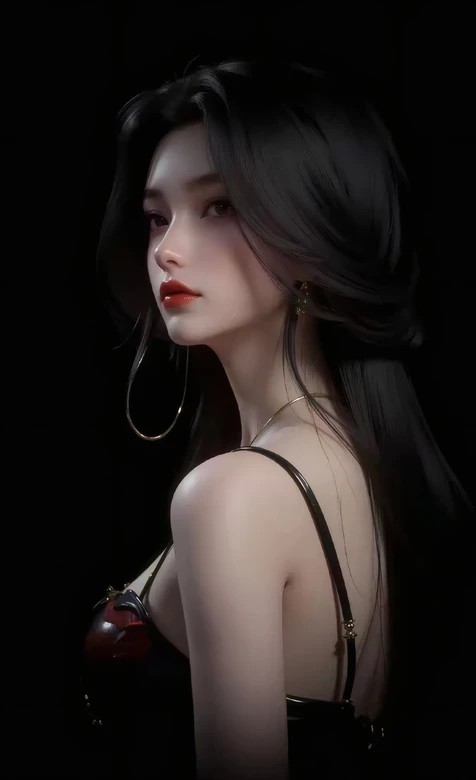 AI生成黑发红唇御姐 吊带装冷艳美女壁纸