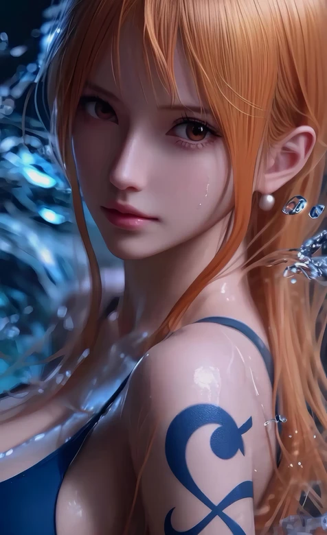 海贼王娜美AI水感壁纸 蓝色泳衣纹身动漫角色