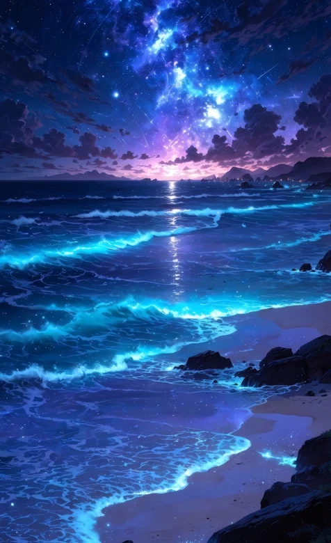 梦幻海边星空荧光海浪 浪漫夜景壁纸